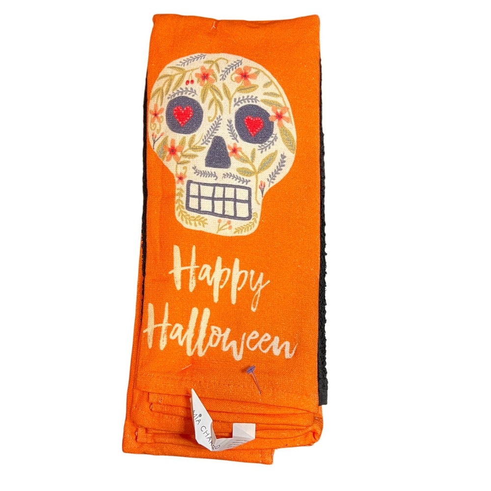 Happy Halloween Kitchen Towel Set Sugar Skull Orange & Black Home Decor
